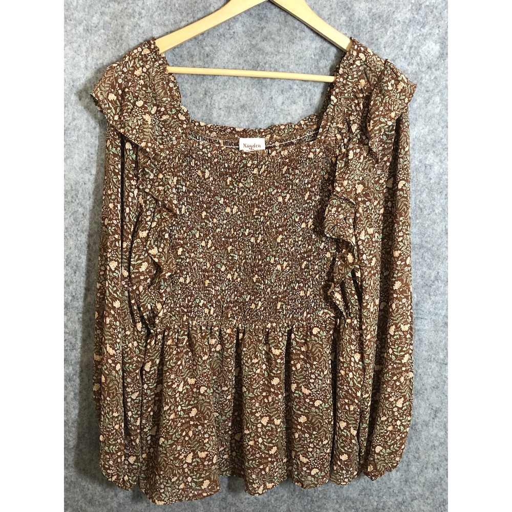 Hayden Top Womens Brown 1X Brown Smocked Floral Boho Peplum Festival Peasant